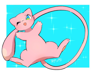 abstract_background ambiguous_gender blue_background border feet feral floating hindpaw long_tail looking_at_viewer multicolored_eye one_eye_closed open_mouth paws pink_body simple_background solo sparkles tail white_border wink winking_at_viewer yakiniku628 nintendo pokemon generation_1_pokemon legendary_pokemon mew_(pokemon) pokemon_(species)