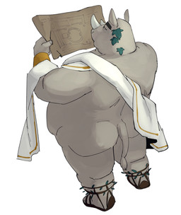 anthro barazoku belly bottomless butt clothed clothing footwear grey_body horn male map overweight overweight_male roman_clothing sandals shoes solo toga stomacheart anothereidos_of_dragon_vein_r romanes mammal rhinoceros hi_res