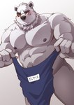 abs anthro biceps blush clothing embarrassed eyebrows eyewear fur male monocle muscular muscular_anthro muscular_male nipples pecs school_swimsuit solo swimwear text thick_eyebrows white_body white_fur hayatohalada lifewonders live_a_hero borealis_(live_a_hero) bear mammal polar_bear ursine absurd_res hi_res translated