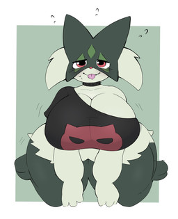 3_fingers 3_toes anthro big_breasts blep blush blush_lines bodily_fluids border breasts cheek_tuft clothed clothing collar facial_markings facial_tuft feet female female_anthro fingers fur green_background green_body green_fur green_legs head_markings huge_breasts kneeling looking_at_viewer markings mask motion_lines off_shoulder pink_tongue red_eyes red_nose shirt shirt_design simple_background solo spiked_collar spikes square_background sweat sweatdrop thick_thighs toes tongue tongue_out topwear tuft wearing_collar white_border wide_hips inazuma_kat nintendo pokemon felid generation_9_pokemon mammal meowscarada pokemon_(species) digital_drawing_(artwork) digital_media_(artwork) english_description hi_res
