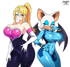 alternate_costume anthro armwear big_breasts blonde_hair blue_eyes bodysuit breasts clothing clothing_swap collarbone duo elbow_gloves eyebrows eyelashes female glistening gloves green_eyes hair hand_on_hip handwear membrane_(anatomy) membranous_wings navel_outline ponytail skinsuit tan_body tight_clothing wide_hips wings zero_suit jarckius metroid nintendo sega sonic_the_hedgehog_(series) rouge_the_bat samus_aran bat human mammal 2025 hi_res