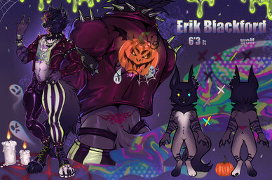 abstract_background anthro black_body black_fur black_nose blue_eyes bottomwear bracelet bulge clothed clothing ear_piercing ear_ring ear_stud fangs featureless_crotch front_view fur grey_body grey_fur hand_on_hip jacket jewelry male markings midriff nude open_mouth pants pattern_bottomwear pattern_clothing pattern_pants piercing purple_clothing purple_jacket purple_markings purple_topwear rear_view red_tongue ring_piercing solo spiked_bracelet spiked_jacket spikes standing striped_arms striped_bottomwear striped_clothing striped_legs striped_pants stripes teeth tongue topwear white_body white_fur yellow_eyes smogville erik_blackford canid mammal hi_res model_sheet