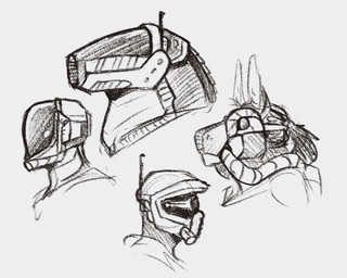 ambiguous_form ambiguous_gender armor clothed clothing gas_mask headgear helmet machine mask obscured_face side_view simple_background solo visor wearing_mask jezzlen chuy_(jezzlen) robot synth_(vader-san) low_res monochrome sketch sketch_page