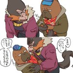 angry anthro clothing duo jacket jewelry male necklace simple_background tail tail_grab text topwear butu_z odd_taxi dobu_(odd_taxi) hiroshi_odokawa_(odd_taxi) bleeding-heart_monkey haplorhine mammal marine monkey old_world_monkey pinniped primate walrus 1:1 japanese_text