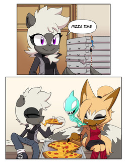 anthro blonde_hair bottomwear box breasts brown_body clothing container dialogue duo eating eyelashes eyes_closed facial_markings female food footwear grey_body hair head_markings markings mask_(marking) pants pizza pizza_box ponytail shoes sitting skirt smile buddyhyped idw_publishing sega sonic_the_hedgehog_(comics) sonic_the_hedgehog_(idw) sonic_the_hedgehog_(series) tangle_the_lemur whisper_the_wolf canid canine canis lemur mammal primate strepsirrhine wolf absurd_res hi_res