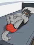 anthro bed black_clothing black_shirt black_tank_top black_topwear briefs bulge butt clothing feet furniture male shirt soles solo tail tank_top topwear underwear fuze nintendo pokemon pawl_(fuze) pokemon_(species) hi_res