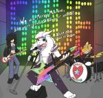 anthro armless band clothing double-neck_guitar drum fur group guitar horn humor multi-neck_guitar musical_instrument percussion_instrument playing_guitar playing_music plucked_string_instrument rainbow string_instrument white_body white_fur bebetterbop undertale undertale_(series) asriel_dreemurr_(god_form) frisk_(undertale) monster_kid boss_monster_(undertale) bovid caprine human mammal 2015 digital_media_(artwork)