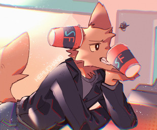 anthro biped black_clothing black_eyes black_shirt black_topwear clothing cup_on_ear fur long_sleeve_shirt male shirt solo topwear yellow_body yellow_fur hemuchang night_in_the_woods gregg_lee canid canine canis mammal wolf 2022 hi_res