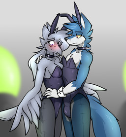 anthro beak blue_body blue_fur blush breasts bulge bunny_costume clothed clothing collar costume crossdressing duo fake_ears fake_rabbit_ears feathered_wings feathers female fur half-closed_eyes hug legwear leotard looking_at_bulge looking_down looking_down_at_bulge male narrowed_eyes pantyhose simple_background standing surprised tail wide_eyed winged_arms wings ryofox630 ryo_fox avian bird canid canine canis fox mammal digital_media_(artwork) hi_res