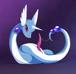animal_genitalia anus bite biting_lip blush bodily_fluids feral genital_fluids genital_slit genitals horn long_penis male masturbation penis precum precum_string purple_eyes serpentine smile solo tail tail_fetish tail_masturbation tail_play tapering_penis phlegraofmystery nintendo pokemon dragonair generation_1_pokemon pokemon_(species) aliasing digital_media_(artwork)