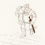 anthro armor carrying_another carrying_over_shoulder duo knight male melee_weapon overweight overweight_male paladin sword warrior weapon 3000vnd dungeons_and_dragons hasbro wizards_of_the_coast canid canine felid feline mammal 1:1 absurd_res hi_res