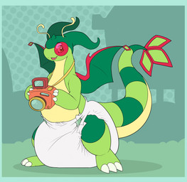 3_fingers 3_toes ambiguous_gender antennae_(anatomy) anthro arms_bent big_diaper border camera claws clean_diaper clothed clothing cute_fangs diaper diaper_only dotted_background fangs feet fingers green_body green_border green_tail green_wings holding_camera holding_object horn huge_diaper looking_at_viewer multicolored_body multicolored_tail one_eye_obstructed open_mouth open_smile outside pattern_background simple_background small_horn smile solo standing tail teeth toes topless wearing_diaper white_diaper wings yellow_body yellow_tail bubblepuppers nintendo pokemon fan_character vincent_(mitchell45) dragonite flygon generation_1_pokemon generation_3_pokemon hybrid hybrid_pokemon pokemon_(species) full-length_portrait hi_res portrait male_(lore)