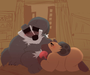 anthro belly big_belly black_nose blush butt duo genitals head_stripe inside male male/male oral overweight overweight_male penis sitting bencomedion beastly_crimes beastly_crimes_(2024) chief_badger santiago_(bencomedion) badger capybara caviid mammal mustelid musteline rodent 2026 hi_res