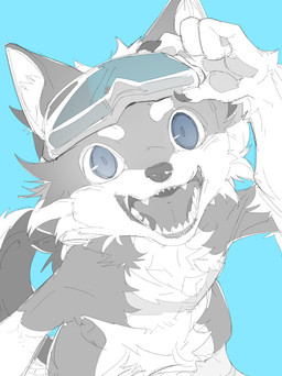 4_fingers anthro blue_background blue_eyes claws countershade_fur countershade_tail countershade_torso countershading dark_body dark_fur eyewear eyewear_on_head fangs finger_claws fingers fur goggles goggles_on_head holding_goggles light_body light_fur male nude nude_anthro nude_male open_mouth open_smile pawpads simple_background smile smiling_at_viewer solo tail teeth tongue_showing wearing_goggles white_sclera chiayeeee canid canine canis mammal wolf 2023 absurd_res digital_drawing_(artwork) digital_media_(artwork) half-length_portrait hi_res portrait