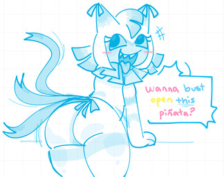 ambiguous_gender anthro bent_over blush multi_tail pinata solo speech_bubble tail torturedbyexi blushcrunch_studio dandy's_world roblox yatta_(dandy's_world)