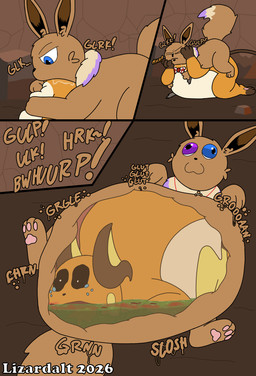 bag belly big_belly black_sclera bloated blood_on_stomach bodily_fluids bow_tie cave crying derp_eyes digestion digestive_juice duo everstone fatal fatal_vore fatality feral graphic_digestion hard_digestion heterochromia male male/male oral_vore partially_digested pokemorph rapid_digestion scared scared_eyes scared_prey silly silly_face size_difference sound_effects swallowing tail tears tears_of_pain vore lizarddude812 nintendo pokemon pokemon_mystery_dungeon spike_chunsoft alex_(lizarddude812) meep_the_eevee eevee generation_1_pokemon humanoid pokemon_(species) raichu absurd_res comic hi_res