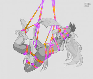 anthro antlers areola bdsm biped bondage bound breasts butt countershade_torso countershading ear_piercing feet female fingers hair horn nipples nude nude_anthro nude_female piercing rear_view restraints rope rope_bondage simple_background solo suspension suspension_bondage tail toes cordi sella unknown_species 2026 digital_drawing_(artwork) digital_media_(artwork) hi_res