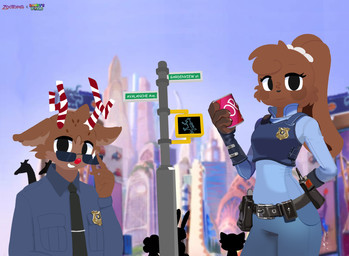 adjusting_glasses anthro can city clothing container day duo eyewear female glasses holding_can holding_container holding_object looking_at_viewer male male/female pole police police_uniform traffic_light uniform cookiespug aggretsuko blushcrunch_studio dandy's_world disney roblox sanrio zootopia cocoa_(dandy's_world) dandy_(dandy's_world) judy_hopps retsuko rudie_(dandy's_world) hi_res