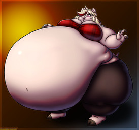 anthro arm_tattoo belly big_belly big_breasts bloated blonde_hair blood blush bodily_fluids bottomwear bow_on_head bracelet breasts clothed clothing deep_navel ear_piercing ear_ring fangs female hair highlights_(coloring) huge_belly huge_thighs hyper hyper_belly jewelry morbidly_obese morbidly_obese_anthro morbidly_obese_female navel obese obese_anthro obese_female overweight overweight_anthro overweight_female pants piercing red_eyes red_highlights ring_piercing skull_tattoo solo stuffing tattoo teeth thick_thighs topwear weight_gain wide_hips viroveteruscy if_hell_had_a_taste gretchen_ebony mammal suid suine sus_(pig) vampire 2023 absurd_res digital_media_(artwork) hi_res