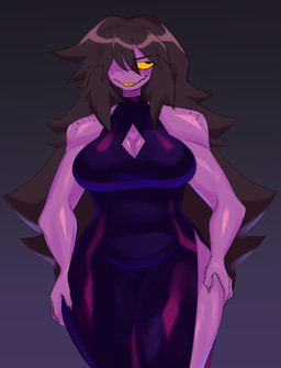 anthro big_breasts breasts clothing dress female freckled_breasts freckled_face freckled_shoulders freckles hair hair_over_eye muscular muscular_anthro muscular_female non-mammal_breasts sharp_teeth solo teeth thick_thighs tight_clothing wide_hips newsigridzboonx deltarune undertale_(series) susie_(deltarune) reptile scalie hi_res