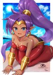 bandeau beach blue_eyes blush breasts brown_body brown_skin clothing cloud crown day female hair headgear humanoid_pointy_ears long_hair not_furry open_mouth pointy_ears ponytail purple_hair seaside sky solo sun tiara topwear wet wata-ridley shantae_(series) wayforward shantae genie humanoid 2020 hi_res signature