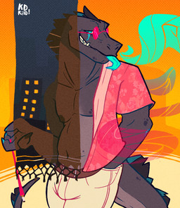 abstract_background anthro cigarette clothed clothing eyewear glasses grey_body looking_at_viewer male nipples non-mammal_nipples pecs slightly_chubby slightly_chubby_male smoke smoking solo topwear kdkilo asian_mythology east_asian_mythology godzilla_(series) japanese_mythology mythology toho godzilla kaiju scalie 2021 digital_media_(artwork) hi_res lineless