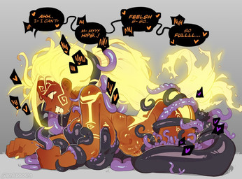 5_fingers abdominal_bulge all_fours ambiguous_gender ambiguous_penetration arm_markings back_markings big_breasts black_body black_speech_bubble black_tentacles blonde_pseudo_hair bodily_fluids breasts brown_body brown_skin butt butt_markings colored_nails dark_body dark_skin deep_penetration drooling duo facial_markings female female/ambiguous female/tentacles female_humanoid female_penetrated fingernails fingers fire flaming_hair fucked_silly glowing glowing_markings glowing_pseudo_hair gradient_background grey_background grin head_markings heart_symbol humanoid_penetrated iris leg_markings linked_speech_bubble long_pseudo_hair looking_pleasured lying markings moan multicolored_body nails not_furry nude nude_female nude_humanoid on_front orange_text penetration pseudo_hair pupils purple_body purple_tentacles saliva sex shoulder_markings side_view simple_background slit_pupils smile speech_bubble tan_eyes teeth tentacle_grab tentacle_penetration tentacle_sex tentacle_under_skin tentacles tentacles_on_female text thigh_markings two_tone_body white_sclera yellow_fingernails yellow_markings yellow_nails yellow_pseudo_hair knuxy humanoid tentacle_creature english_text