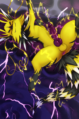 animal_genitalia animal_penis anus balls black_body black_fur bodily_fluids canine_genitalia canine_penis claws cloud electricity electrostimulation eyebrows eyes_closed fangs feral fur genital_fluids genitals lightning long_tail looking_pleasured lying male on_back penis precum raised_leg solo spikes spread_legs spreading storm stripes tail teeth whiskers yellow_body yellow_fur cha0sapien nintendo pokemon eeveelution generation_1_pokemon jolteon pokemon_(species) 2:3 absurd_res hi_res