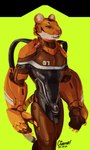 absurd_res anthro armor bulge catsuit_(disambiguation) cierras claws clothing felid feline hi_res latex latex_suit male mammal science_fiction simple_background solo standing suit