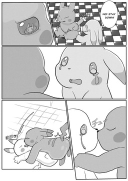 black_eyes blush bodily_fluids comic_panel dialogue female feral looking_at_viewer male male/female open_mouth simple_background tears text ganghandog nintendo pokemon pokemon_pokopia peakychu generation_1_pokemon pikachu pokemon_(species) comic comic_sans hi_res monochrome