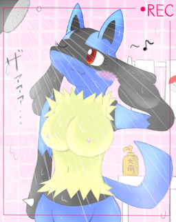anthro anthrofied bathing being_watched biped black_body black_fur blue_body blue_fur blush bodily_fluids breasts camera camera_view female fur looking_at_another nipples pokemorph recording red_eyes shower showering solo standing sweat tail text video_camera voyeur voyeur_pov yellow_body yellow_fur pixiv_id_53991 nintendo pokemon canid canine generation_4_pokemon lucario mammal pokemon_(species) japanese_text low_res translated unavailable_at_source