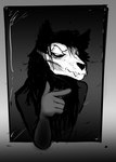 anthro bone female finger_gun gesture glowing glowing_eyes hand_gesture mirror sink skull skull_head smug solo hladilnik mewing_(meme) scp_foundation scp-1471-a canid canid_demon demon malo mammal monster undead 2025 greyscale hi_res monochrome