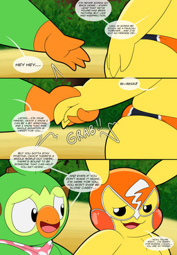 anthro biped clothed clothed_anthro clothed_male clothing cosplay_pikachu_(costume) dialogue duo forest hand_holding kerchief looking_at_another male male_anthro mask motion_lines onomatopoeia panties plant polka_dot_clothing reassuring smile smiling_at_another sound_effects sports_mask sportswear text tree underwear wrestling_mask tepigfan101 nintendo pokemon pokemon_mystery_dungeon spike_chunsoft calvin_(tepigfan101) casey_(tepigfan101) pikachu_libre generation_1_pokemon generation_8_pokemon grookey pikachu pokemon_(species) 2026 absurd_res comic digital_media_(artwork) english_text hi_res