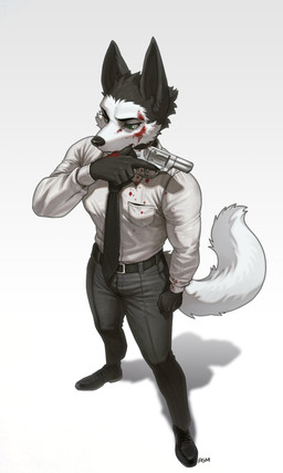 anthro biped blood bodily_fluids bottomwear claws clothed clothed_anthro clothed_male clothing fingers footwear front_view fully_clothed fully_clothed_anthro fully_clothed_male fur gun male pants ranged_weapon shirt shoes simple_background solo standing tail topwear weapon pgm300 canid canine mammal 2026 absurd_res digital_drawing_(artwork) digital_media_(artwork) hi_res