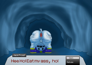 anus backsack balls bent_over big_butt boots butt clothing command cute_fangs detailed_background dialogue dirty_talk fangs footwear foreskin genitals hat headgear headwear humanoid_genitalia humanoid_penis looking_at_viewer looking_back looking_back_at_viewer looking_through looking_through_legs male mostly_nude open_mouth overweight overweight_humanoid overweight_male penis presenting presenting_anus profanity puffy_anus rear_view shoes short_tail slightly_chubby solo spread_butt spreading standing tail talking_to_viewer teeth text user_interface white_body white_skin vixxier atlus megami_tensei sega jack_frost_(megami_tensei) demon humanoid imp 2020 absurd_res english_text hi_res shaded