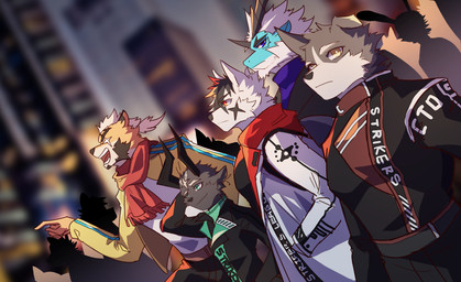 anthro blurred_background city city_background clothing coat gesture group hand_gesture hand_in_pocket male pockets pointing pointing_at_another scarf silhouette topwear delax mythology tianhehui bai_yu_(tianhehui) chen_hu_(tianhehui) kerlno_(tianhehui) mo_xia_(tianhehui) tex_(tianhehui) bovid canid canine canis caprine dragon felid goat hybrid mammal mythological_creature mythological_scalie pantherine scalie tiger wolf wolfdog hi_res