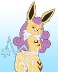 anthro balls blue_tail bodily_fluids butt crossed_arms cum cum_on_butt eeveelution fangs fur fusion generation_1_pokemon generation_2_pokemon genital_fluids genitals hair hi_res hybrid impressed jolteon legendary_pokemon male neck_tuft nintendo pokemon pokemon_(species) pokemon_fusion purple_hair raikou red_eyes solo somescrub striped_body striped_fur stripes tail teeth thick_thighs tuft yellow_body yellow_fur