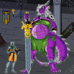 anthro armor belly big_belly bone decoration duo female feral fortress great_sword green_eyes hair horn huge_belly hyper hyper_belly hyper_pregnancy knight male male/female mature_female melee_weapon navel navel_piercing piercing pregnant pregnant_anthro pregnant_female pregnant_feral purple_body purple_scales rags scales scar scars_all_over slightly_chubby sword thick_thighs two_handed_sword warrior weapon makseqs mythology dragon kobold lizard mythological_creature mythological_scalie reptile scalie snake 1:1