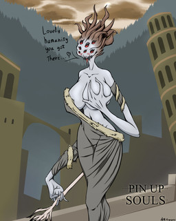 big_breasts big_hands breast_squeeze breasts clothed clothing detailed_background dress female hand_on_breast long_arms multi_eye not_furry one_breast_out partially_clothed red_eyes slim solo squeezing standing text arttukorppu dark_souls fromsoftware bloathead_(dark_souls) humanoid monster monstrous_humanoid 2019 4:5 absurd_res english_text hi_res portrait three-quarter_portrait