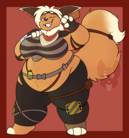 3_toes 4_fingers accessory anthro arm_pads barefoot baseball_bat_over_shoulder belly belt big_belly big_breasts biped bite_taken black_bottomwear black_clothing black_pants border bottomwear breasts clothed clothed_anthro clothed_female clothing dipstick_ears ear_markings eyewear eyewear_on_head feet female female_anthro fingerless_(marking) fingerless_gloves fingers fluffy fluffy_tail fur furgonomics gesture gloves goggles goggles_on_head hair hand_gesture handwear heart_nose heart_symbol holding_baseball_bat kerchief knee_pads looking_at_viewer mane midriff multicolored_ears neckerchief neckwear notched_ear one_eye_closed orange_body orange_fur overweight overweight_anthro overweight_female pants pattern_clothing pattern_topwear pointy_ears prick_ears red_background red_border shoulder_pads simple_background solo standing striped_clothing striped_topwear stripes tail tail_accessory tail_belt tan_hair tan_mane toeless_(marking) toes topwear v_sign wink winking_at_viewer strawberrymilkdog nintendo pokemon eeveelution flareon generation_1_pokemon mammal pokemon_(species) hi_res