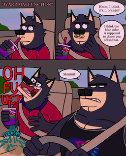 anthro beverage black_clothing black_outline black_shirt black_tank_top black_topwear bottomwear car_interior clothing collared_shirt container cup dialogue duo eyebrows facial_hair grey_bottomwear grey_clothing grey_shorts inside_vehicle male muscular muscular_male mustache outline overweight polo_shirt red_clothing red_shirt red_topwear shirt shorts speech_bubble tank_top thick_eyebrows title topwear wet wet_clothing eddicus edgar_(eddicus) joel_(eddicus) canid canine canis domestic_dog husky mammal nordic_sled_dog spitz absurd_res comic hi_res brother_(lore) brothers_(lore) sibling_(lore)