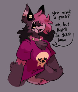 anthro arm_tuft bat_ears biped black_eyelids black_hair brown_body brown_fur chest_tuft clothed clothing clothing_pull collar currency_symbol dialogue dollar_sign ear_piercing ear_ring elbow_tuft eyelashes female freckled_face freckles fur glistening_eyelids hair lmao long_eyelashes open_mouth piercing pink_clothing pink_hair pink_nose pink_shirt pink_topwear pubes pulling_shirt pulling_shirt_up question_mark ring_piercing shirt simple_background skull_ear_ring skull_symbol solo speech_bubble spiked_collar spikes symbol topwear tuft yellow_sclera pinkshinyhorns alice_(batchatfanclub) bat mammal 2023 hi_res