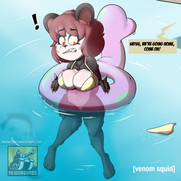 anthro barefoot belly big_breasts bikini blush bottomless breasts brown_hair clothed clothing feet female fingers fur genitals hair outside paws poolside red_eyes shortstack simple_background solo swimming_pool swimwear text thick_thighs toes two-piece_swimsuit vulva water worried venomsquid satsujin_(venomsquid) bear mammal 1:1 absurd_res digital_media_(artwork) english_text hi_res
