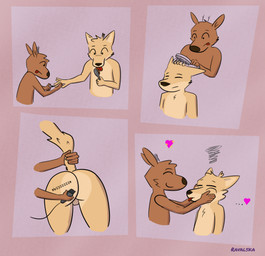 anthro backsack balls butt duo food genitals heart_symbol humor male male/male peanut_butter personal_grooming shaving social_grooming ravalska poro_alska rav_alska rox deer mammal absurd_res comic hi_res