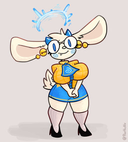 2_horns anthro bell_ear_ring big_breasts blue_bottomwear blue_clothing blue_eyes blue_skirt bottomwear breasts clothing dot_eyes ear_piercing ear_ring eyewear fangs female footwear fur glasses halo high_heels horn huge_breasts inner_ear_fluff kerchief long_socks orange_clothing orange_shirt orange_topwear pencil_skirt piercing ring_piercing scut_tail shirt shoes short_tail shortstack shortstack_female simple_background simple_eyes skirt solo tail teeth thick_thighs topwear tuft white_body white_fur rafvicalv atlyss mythology angela_flux hybrid kubold_(atlyss) lagomorph mammal mythological_creature mythological_scalie oathkin_(atlyss) poon_(atlyss) scalie absurd_res hi_res