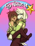 2024 2_horns 5_fingers accessory adopted_(lore) ambiguous_gender ambiguous_human anthro arm_around_neck asriel_dreemurr blue_background blue_eyes boss_monster_(undertale) bottomwear brown_bottomwear brown_clothing brown_footwear brown_hair brown_pants brown_shoes carrying_another carrying_partner chara_(undertale) claws clothed clothed_ambiguous clothed_anthro clothed_human clothed_male clothing deathheadmoth00 duo embrace english_text fake_horns finger_claws fingernails fingers flesh_fang footwear fur gesture gradient_background green_clothing green_sweater green_topwear hair hair_accessory hair_over_eyes hairband half-closed_eyes hand_gesture hand_on_back hand_on_butt hand_on_shoulder head_tuft head_turned hi_res horn human leg_wrap long_sleeves looking_at_viewer male male/ambiguous male_anthro mammal matching_outfits medium_hair middle_finger multicolored_clothing multicolored_sweater multicolored_topwear nails narrowed_eyes pants pink_background pink_tongue pseudo_incest_(lore) purple_background red_hairband romantic romantic_couple shoe_soles shoes sibling_(lore) side_view simple_background smile smirk sweater tail tan_clothing tan_sweater tan_topwear teeth text tongue tongue_out topwear tuft two_tone_clothing two_tone_sweater two_tone_topwear undertale undertale_(series) white_body white_claws white_ears white_fur white_horn white_tail white_text