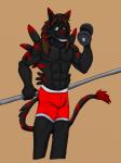 abs anthro anthrofied athletic biceps biped black_body black_fur black_nose bottomwear brown_hair bulge clothed clothing digimorph exercise flexing fur green_eyes grin hair holding_object looking_at_viewer male markings muscular muscular_anthro pecs pose red_body red_fur shorts smile solo standing stripes teeth topless weightlifting weights workout domafox bandai_namco digimon yamatoiouko yamato_iouko canid canine digimon_(species) mammal shadowweregarurumon weregarurumon 2014 3:4