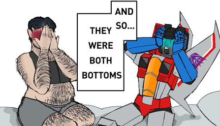 1000_hours_in_ms_paint bed blush chest_binder clothed clothing duo embarrassed furniture hairy interspecies machine male male/male not_furry overweight overweight_human overweight_male partially_clothed simple_background text underwear primaldialga1992 half-life hasbro takara_tomy they_were_both_bottoms transformers valve barney_calhoun starscream human mammal robot seeker_(transformers) 2025 aliasing digital_media_(artwork) english_text meme trans_(lore) trans_man_(lore)