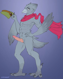 animal_genitalia anthro beak blue_eyes claws clothing erection feathered_wings feathers genitals hat headgear headwear holding_clothing holding_hat holding_headgear holding_headwear holding_object looking_at_viewer male nipples nude penis pilot scarf simple_background smile solo standing uniform wind wings ottersoup avian bird columbid pigeon 4:5 absurd_res digital_media_(artwork) hi_res