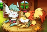 bed big_ears clothed clothed_feral clothing comfy detailed_background digital_media_(artwork) duo eyewear eyewear_around_neck eyewear_only fan_character fennekin feral fluffy fur furniture generation_4_pokemon generation_6_pokemon goggles goggles_around_neck goggles_only green_body green_fur hi_res legendary_pokemon loaf lying maguwhite_(artist) male male/male mammal markings nintendo nude open_mouth paws pokemon pokemon_(species) pokemon_mystery_dungeon quadruped red_body red_eyes red_fur resting shaymin shiny_pokemon shrike_(shaymin) sky_forme_shaymin smile spike_chunsoft straw_bed tail topwear white_body white_fur yellow_body yellow_fur